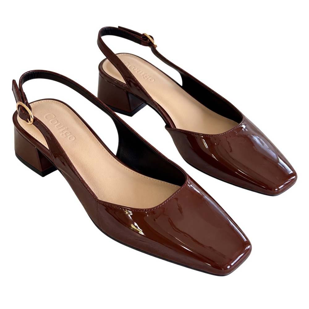 Coutgo Brown Patent Slingback Heels 7.5 Square Toe Block Heel Fall Preppy